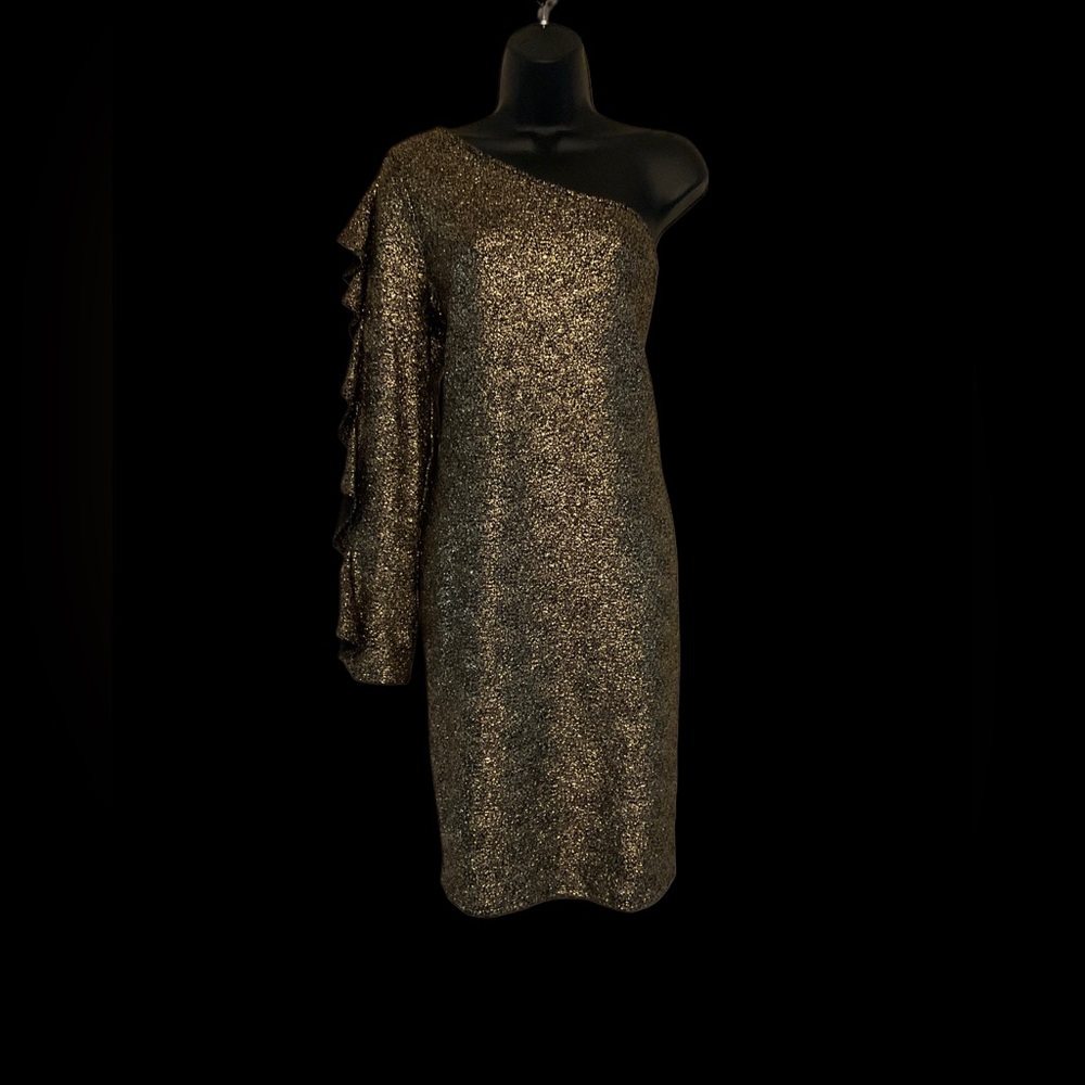 BOLD elements Gold and Black Asymmetrical Glitter Sheath Dress